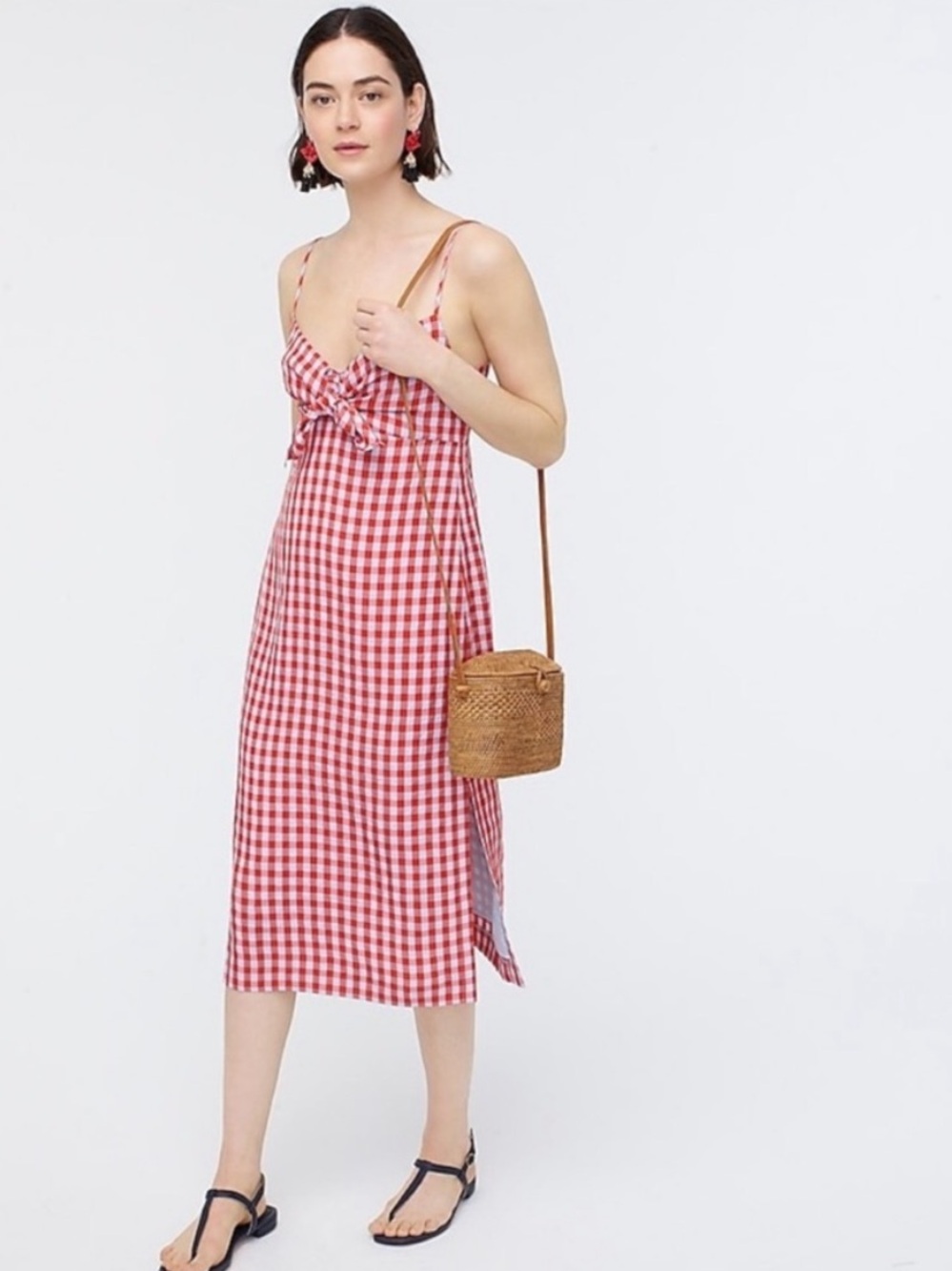 NWT J. Crew Tie front Dress in Drapey Gingham Midi Picnic Red Blue Size 8 $138